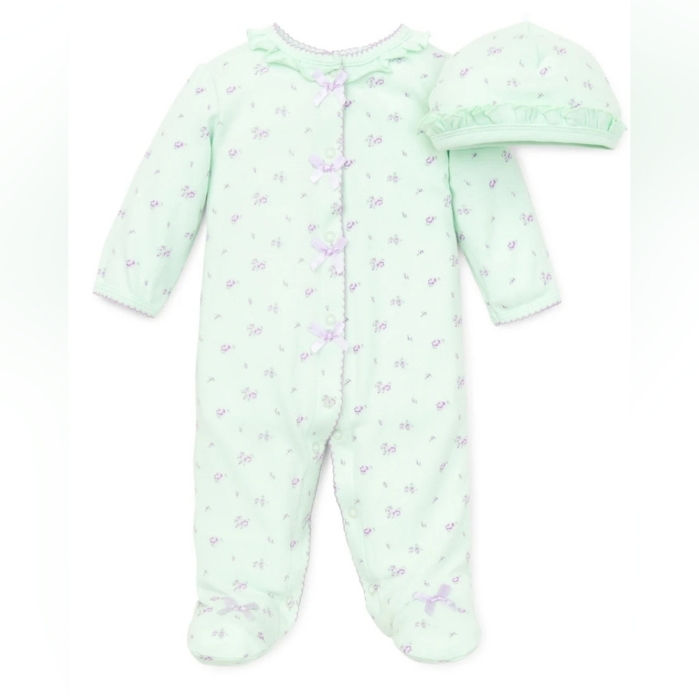 Little Me Outfit Hat Petite Rose Green Purple Bow Footie Floral Baby Sz 9mo NEW